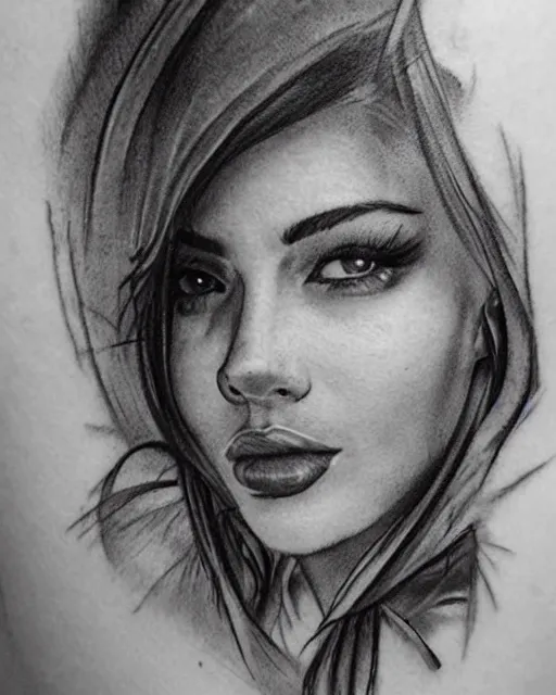 Prompt: tattoo design sketch of a beautiful woman face next to a faded background of beautiful mountains, hyper - realistic, in the style of den yakovlev, amazing detail, black and white