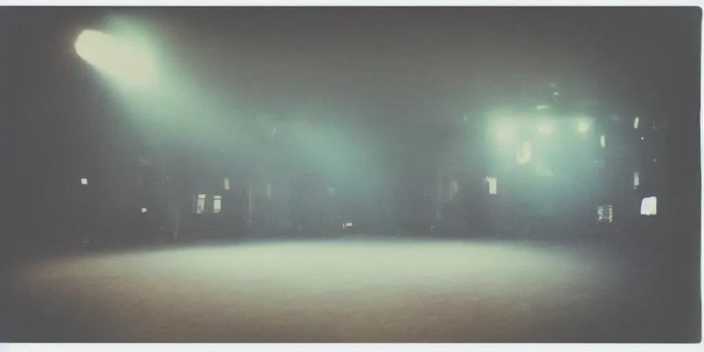 Image similar to polaroid photo of an empty dancehall, bright colourful strobelights, smoke coming from the floor, lens flare