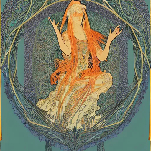 Image similar to ethereal nightingale bird made of fabric, Alphonse Mucha,Ganbrood William Morris,delicate,textured,ornate, complex detailed illustration,swirling,octane render,intricate detail,orange blue gold