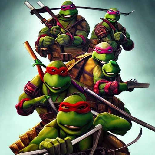 Image similar to four teenage mutant ninja turtles eating pizza, handsome, intricate, detailed, volumetric lighting, scenery, digital painting, highly detailed, artstation, sharp focus, illustration, concept art, ruan jia, steve mccurry