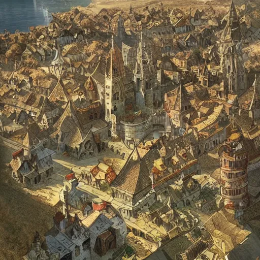 Prompt: Top-down medieval map of a town, D&D, fantasy, highly detailed, digital painting, artstation, smooth, sharp focus, illustration, art by artgerm and greg rutkowski and alphonse mucha