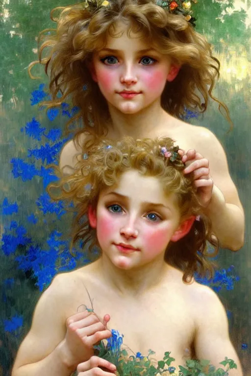 Image similar to a seven - year old with curly light - dirty - blonde hair, blue eyes, tan!! skin playing with foxes, painting by daniel gerhartz, alphonse mucha, bouguereau, detailed art, artstation