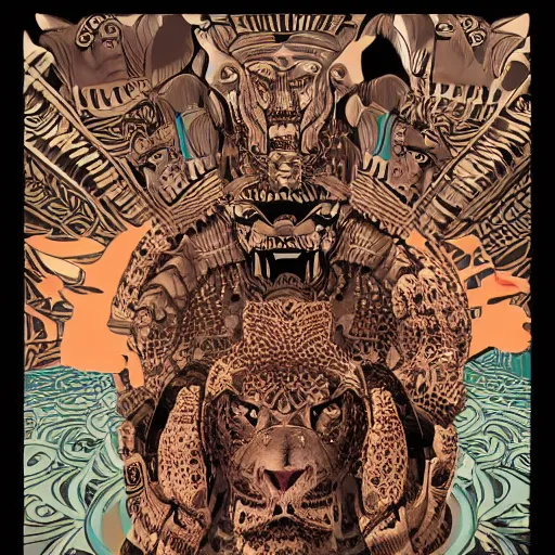 Image similar to illustration of mayan jaguar warrior, sullen, showing irritation or ill humor by a gloomy silence or reserve. in colors # 1 1 3 4 a 6, # 7 3 c 2 fb, # 6 6 9 3 fs, # 9 8 fb 9 8, # 0 1 7 9 6 f, by studio multi and victo ngai, malika favre