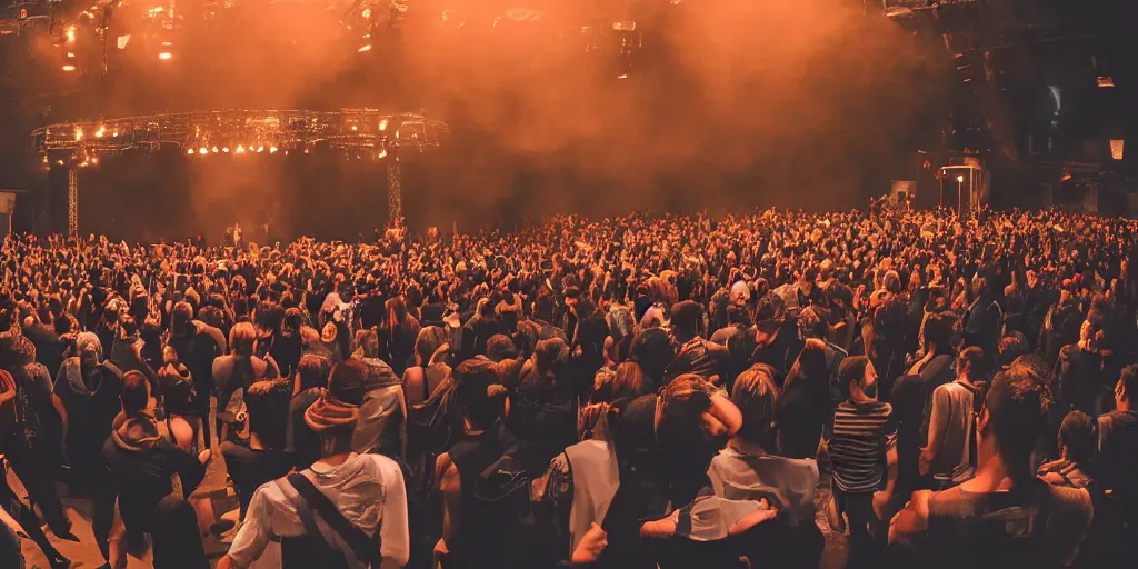 Prompt: groups of people in front of a stage, from behind, wide angle, smoke, highly detailed, beautiful lighting