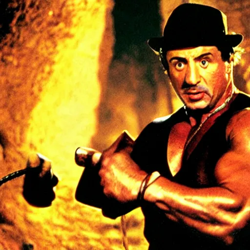 Image similar to sylvester stallone as indiana jones with a whip in his hand, holding a golden mayan skull, in a cave full of traps