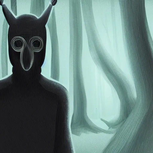 Prompt: hyper-detailed digital painting of a masked man in a dark forest