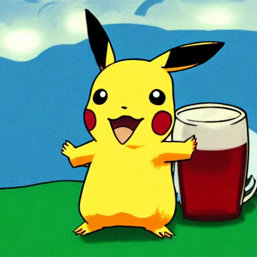 Image similar to a picture of pikachu having a beer