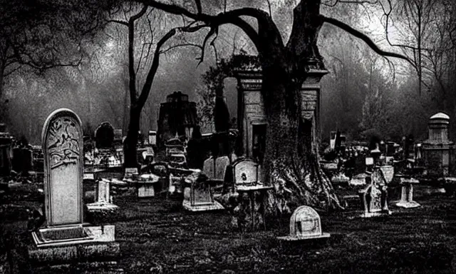 Prompt: new orleans style graveyard, crystal lights shine shade render!, witch meeting black circle!, midnight colors, photograph taken by giger and beksinski and death fog and decaying megacity