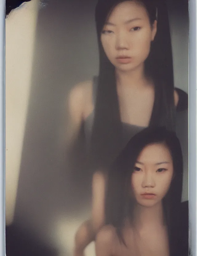 Image similar to polaroid photo with flash, portrait of a asian woman with glossy skin and gel hair in style of matrix, dressed, clothes on, bleached strong lights, kodak film stock, hyper real, stunning moody cinematography, with anamorphic lenses, by maripol, detailed