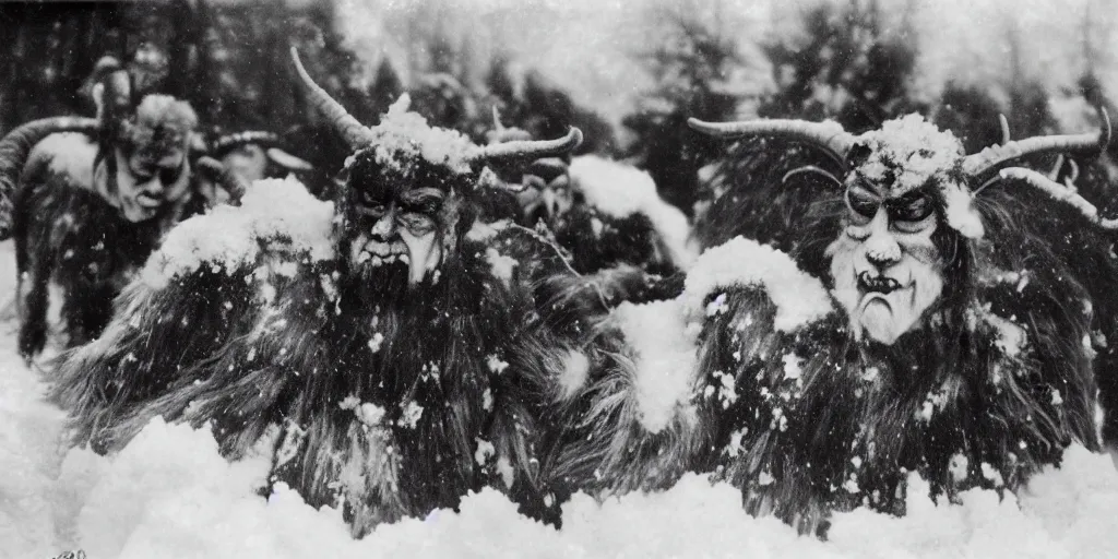 Image similar to 1 9 2 0 s photography of krampus hay monsters submerged in snow