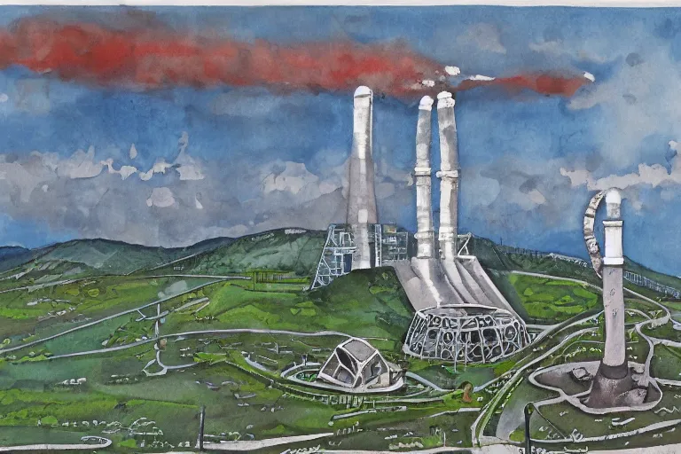 Prompt: nuclear reactor sinkhole, gouache painting