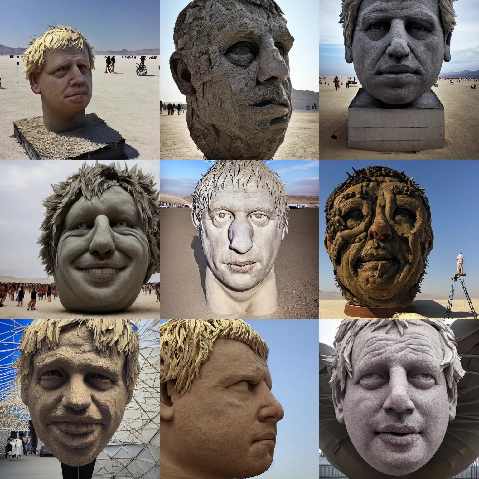 Prompt: giant sculpture of boris johnson's head at burning man, intricate, complex, impressive, enormous, very detailed