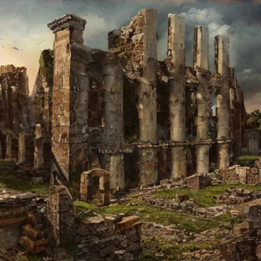 Image similar to High-Quality realist painting of the ruins of a medieval city after a war, ominous, very detailed, digital art.