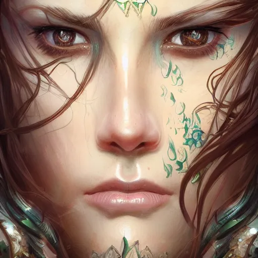 Image similar to close up portrait of a woman with her face covered by hair, D&D, fantasy, intricate, elegant, highly detailed, digital painting, artstation, concept art, matte, sharp focus, illustration, hearthstone, art by Artgerm and Greg Rutkowski and Alphonse Mucha