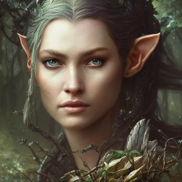 Image similar to close up portrait of a beautiful female elven warrior, magical forest background fantasy atmosphere. art by greg rutkowski. highly detailed, intricate, lifelike. sci - fi, fantasy, magical, nikon d 8 5 0.