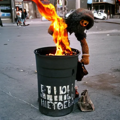 Prompt: wide-angle photo of homeless Elmo with a trash can fire, on Skid Row, photo by Annie Leibovitz