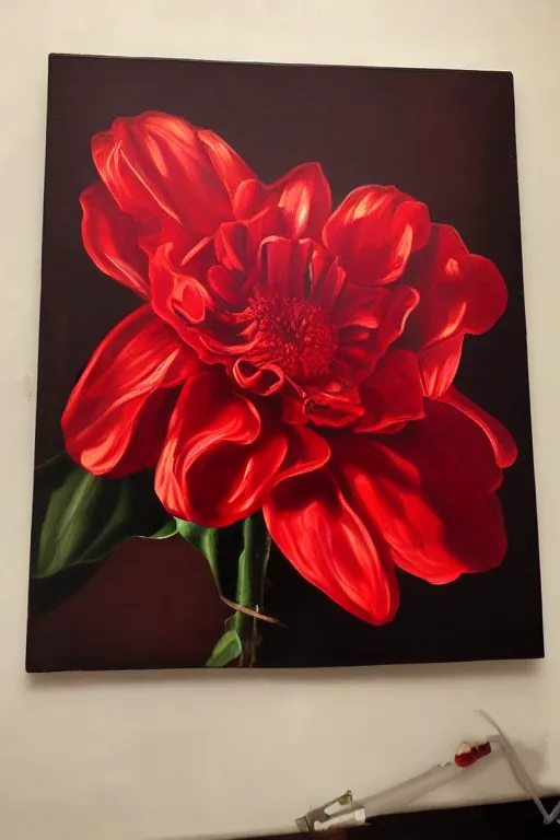 Image similar to a chiaroscuro oil painting of a infinity recursive red flower