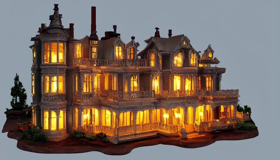 Image similar to photorealistic claymation art of a victorian house on top of a floating island, elegant, candle lighting, extremely detailed, realistic, art galery