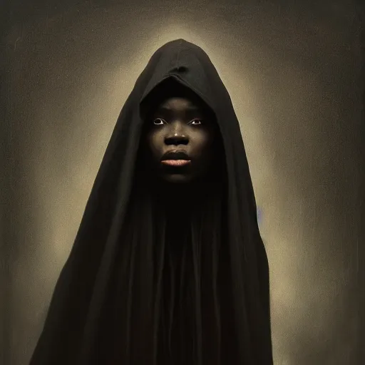 Image similar to a portrait of a young black woman wearing a long dark cloak, hood and shadows covering face, anatomically correct, beautiful perfect face, enigmatic, oil painting, matte painting, black background, Volumetric dynamic lighting, Highly Detailed, Cinematic Lighting, Unreal Engine, 8k, HD, by Beksinski