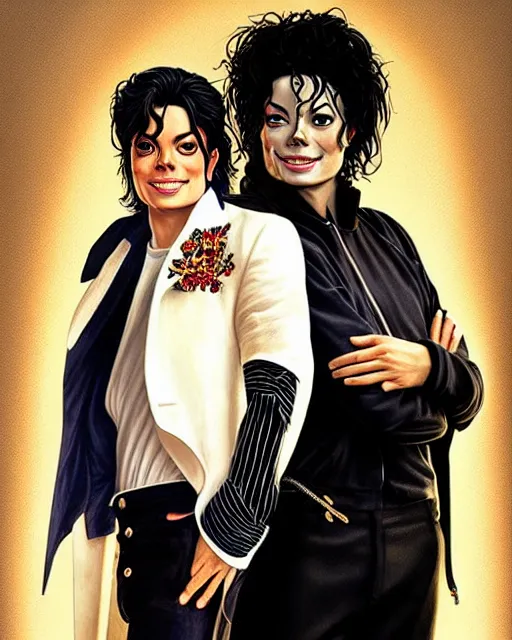 Image similar to Portrait of Michael Jackson & Michael Mcintyre in Ibiza,real life skin, intricate, elegant, highly detailed, artstation, concept art, smooth, sharp focus, art by artgerm and greg rutkowski and alphonse mucha