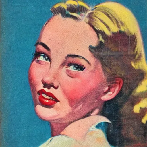 Image similar to “Sydney Sweeney portrait, color vintage magazine illustration 1950”