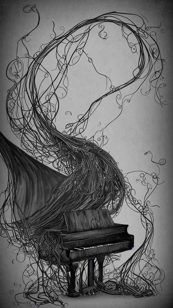 Image similar to a grand piano with long thick vines wrapped around it, fantasy art, art station, grey background,