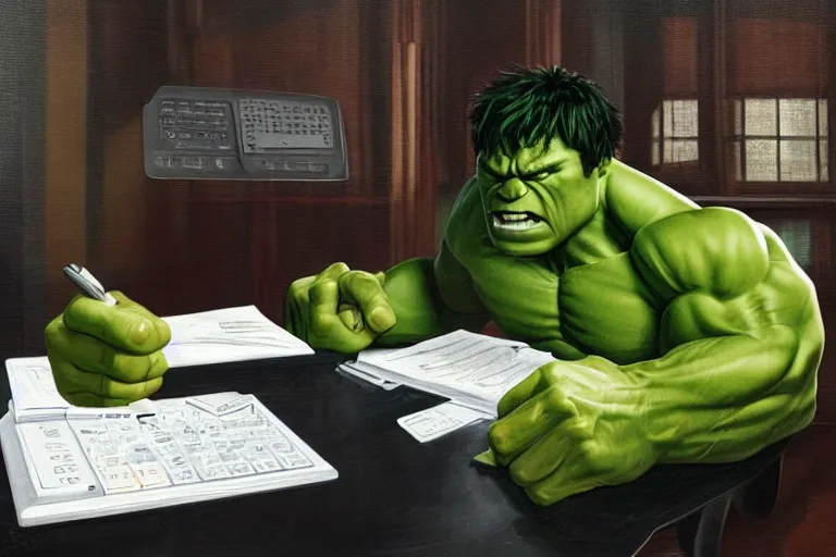 Image similar to the hulk sitting at a desk using a small calculator to do his taxes, calculator, oil on canvas, intricate, 8 k highly professionally detailed, hdr, cgsociety