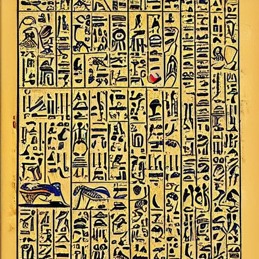 Image similar to page full of egyptian hieroglyphs describing magic spell