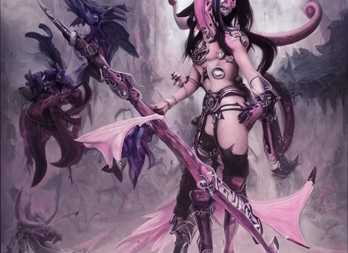 Image similar to Skilled Slaanesh demonette with pink tail and small horns on her head and beautiful long black hair wearing the outfit of slaanesh legions looking at the viewer corrupting an ultramarine space marine, elegant, delicate, powerful, smooth, highly detailed, Artstation, Cgsociety, art by Mark Simonetti and Gil Elvgren and artgerm, mucha, Warhammer illustration, digital art