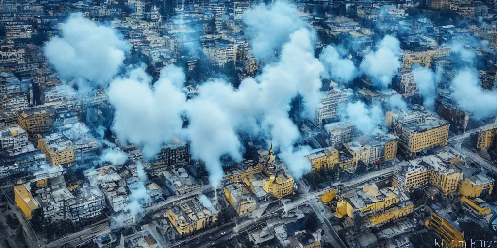 Image similar to kiev city streets covered in yellow and blue smoke, drone photography, by kim keever