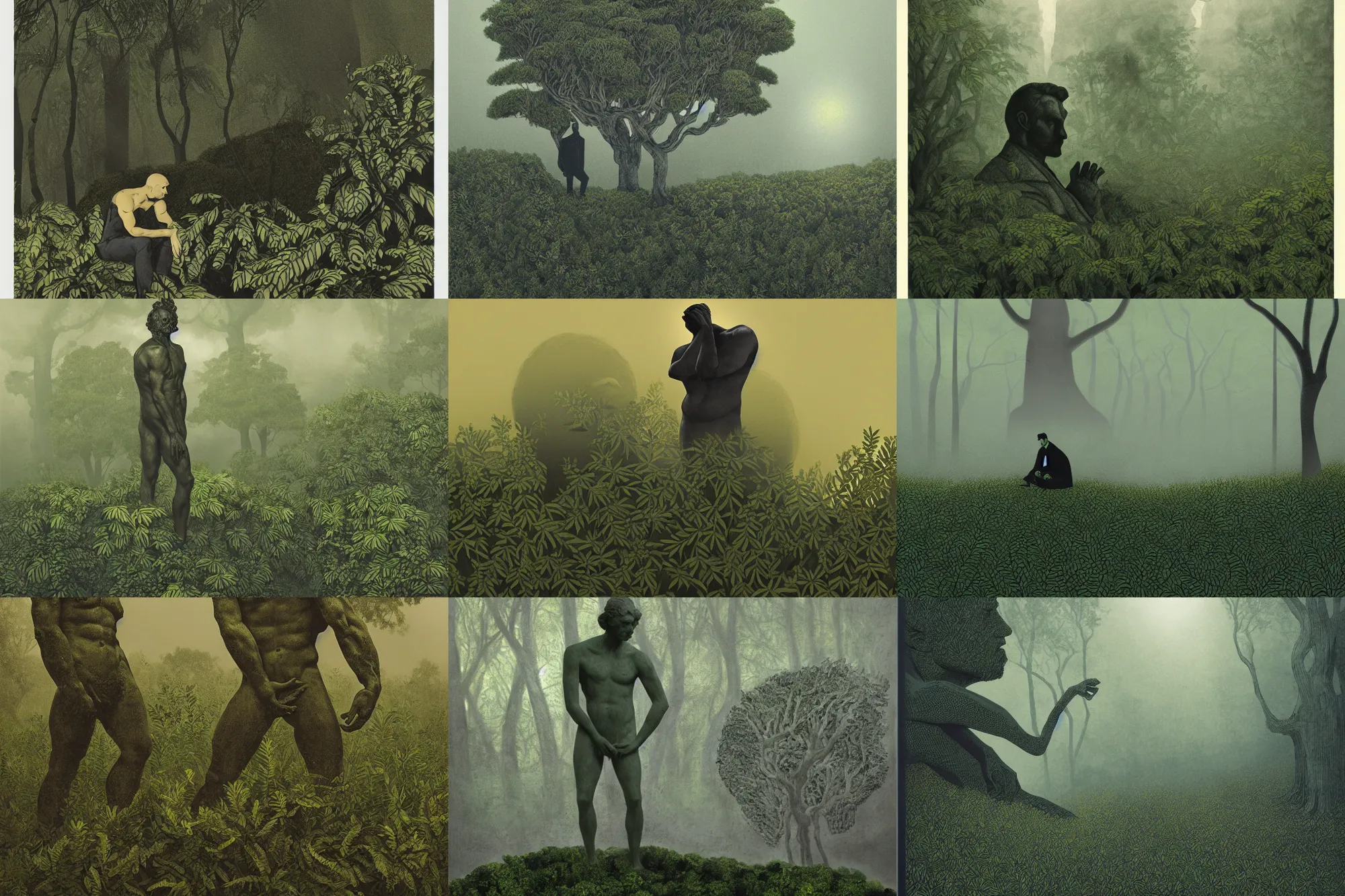 Prompt: editorial illustration by karolis strautniekas and mads berg, illustrated rodin's thinker surrounded by lush small bushes, fog, fine texture, green + gold + black, detailed, muted colors, dramatic lighting, dynamic composition, vivid, matte print, wide angle, ( ( sunbeams ) ), moody