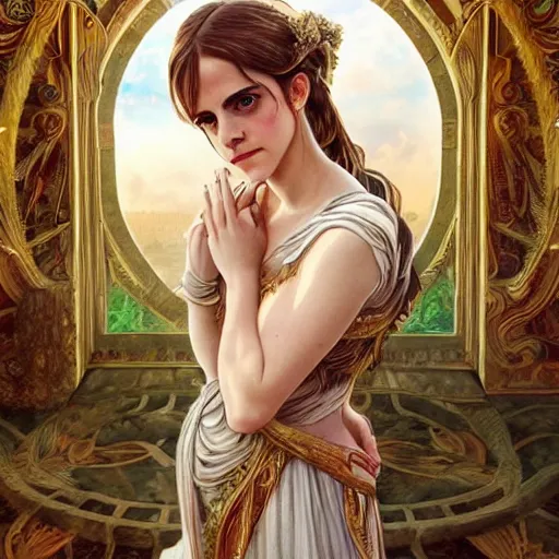 Image similar to Emma Watson as a roman Goddess, cute, fantasy, intricate, elegant, highly detailed, digital painting, 4k, HDR, concept art, smooth, sharp focus, illustration, art by artgerm and H R Giger and alphonse mucha