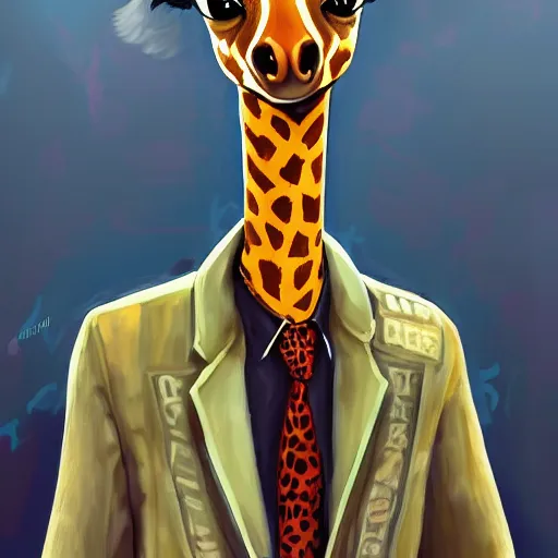 Image similar to Beautiful portrait digital painting, oil painting, anthro anthropomorphic giraffe androgynous , at a lake anarchist anarcho-punk Punk Punk outfit. furaffinity, artstation