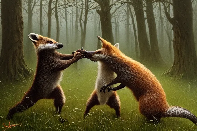 Image similar to photo, badgers and foxes having a fight, woodland location, stefan kostic and david cronenberg, realistic, sharp focus, 8 k high definition, intricate, chiaroscuro, elegant, perfect faces, symmetrical face, extremely detailed, hypnotic eyes, realistic, fantasy art, masterpiece zdzislaw beksinski, artgerm