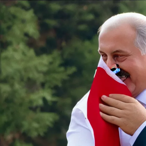 Image similar to Lukashenko happily hugging a white-red-white flag, film still, high detail