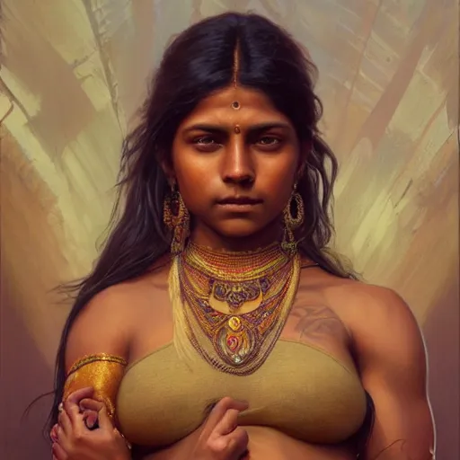 Prompt: portrait painting of a muscular indian girl, ultra realistic, concept art, intricate details, eerie, highly detailed, photorealistic, octane render, 8 k, unreal engine. art by artgerm and greg rutkowski and alphonse mucha