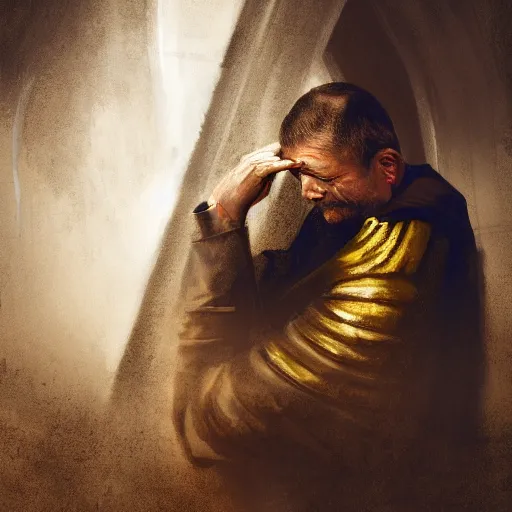 Image similar to An old catholic priest kneeled in fervent prayer. He is looking above him. His eyes are wide open with fear. Ominous dramatic yellow lighting. Overhead view, award-winning digital art, trending on ArtStation