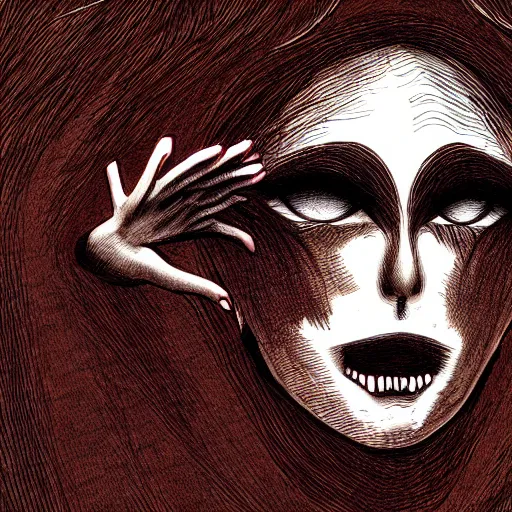 Image similar to a dark brown humanoid, hyper detailed, in the style of junji ito and and junji ito and junji ito, selfie