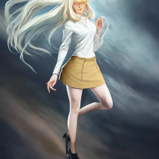 Prompt: Lucius as a beautiful androgynous blond man, white dress shirt and black miniskirt stockings heels, fluffy long curly blond hair, 4k digital illustration by Artgerm, wlop, James Jean, Andrei Riabovitchev, Marc Simonetti, yoshitaka Amano, Artstation, CGsociety