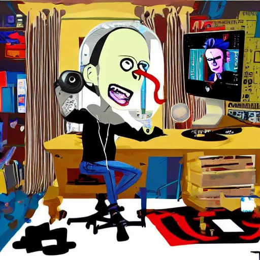 Image similar to goth computer nerd in a cluttered room wearing a vr headset, by jamie hewlett, character concept, aesthetic!!,