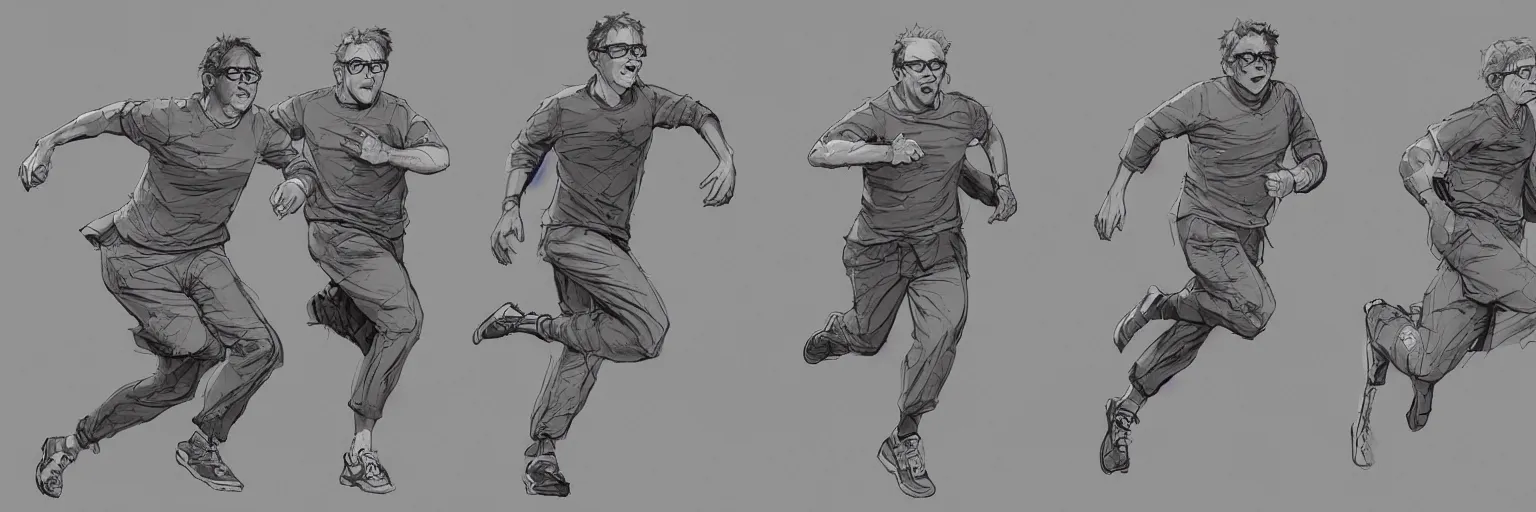 Prompt: realistic todd solondz running, clear todd solondz face, glasses, geek, character sheet, fine details, concept design, contrast, kim jung gi, greg rutkowski and francis bacon, trending on artstation, 8 k, full body, turnaround, front view, back view, ultra wide angle