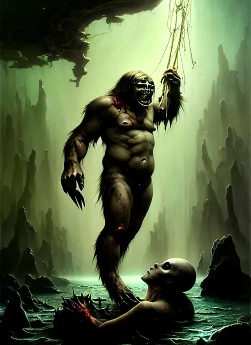 Image similar to shackled in styx river of the underworld, frank frank frazetta and cgsociety, stunning sasquatch, blood splatters, charlie bowater and tom bagshaw, insanely detailed, deviantart, space art, atoms surrounded by skulls, death, and spirits flying, water fall, horror, sci - fi, surrealist painting, by peter mohrbacher