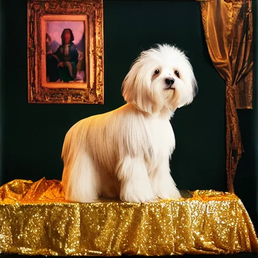 Image similar to a cream - colored havanese laying on top of a plastic sequined horse, a renaissance painting in the background, photo by david lachapelle, behance, transgressive art, renaissance painting, freakshow, official art