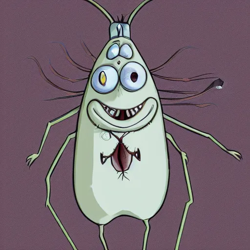 Prompt: anthropomorphous cockroach character, 2d, cartoon style, by Tim Burton, studio ghibli, full body