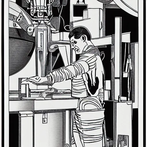 Image similar to a black and white drawing of a man in a lab, a mid - nineteenth century engraving by eduardo paolozzi, behance, les automatistes, concert poster, poster art, tarot card