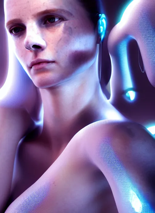 Image similar to 3 / 4 portrait, emma thorpe, crown, transparent skin, futuristic clothing, visible muscle, id magazine, hyperrealism, detailed textures, photorealistic, 3 d cyberpunk apocalyptic city, ultra realistic, cinematic, intricate, cinematic light, unreal engine 8 k, octane render, unreal engine, david kostic, artgerm