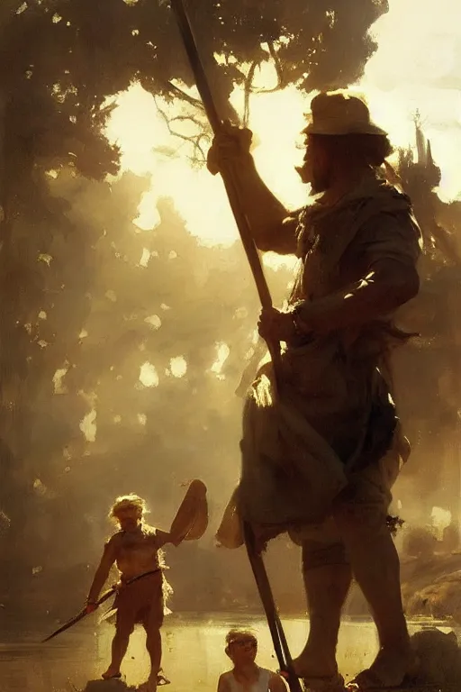 Image similar to portrait david and goliath by anders zorn, wonderful masterpiece by greg rutkowski, beautiful cinematic light, american romanticism by greg manchess, jessica rossier