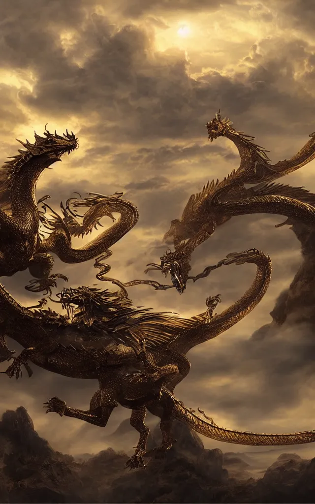 Prompt: a matte painting depicting a golden dragon, epic, legendary, cinematic composition, stunning atmosphere