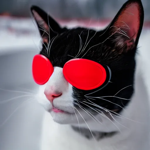 Image similar to a cute black and white cat wearing a red ski mask with black ski goggles, photorealistic