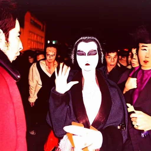 Image similar to Street photography, a close up of several people leaving a seedy nightclub at 5am, they are smoking, someone is screaming, Kabuki makeup, Kodachrome